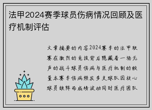 法甲2024赛季球员伤病情况回顾及医疗机制评估